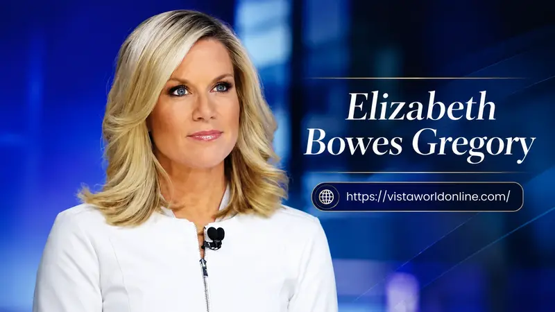 Elizabeth Bowes Gregory in a professional TV studio portrait with vistaworldonline.com branding.