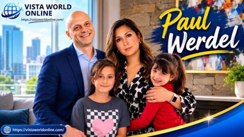 Paul Werdel with his wife and two children in a family portrait.