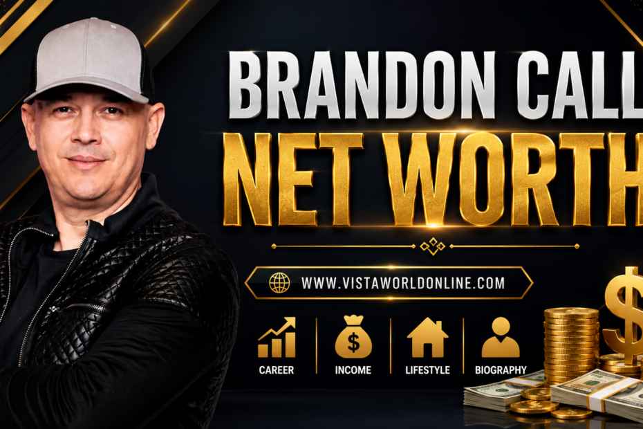 Professional featured image of Brandon Call with the title "Brandon Call Net Worth" and the Vistaworldonline.com branding on a premium black and gold background.