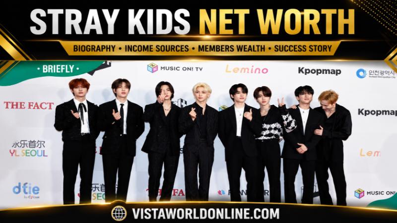 Stray Kids members posing at a red carpet event with the headline "Stray Kids Net Worth" and Vistaworldonline.com branding in a premium black and gold featured image.