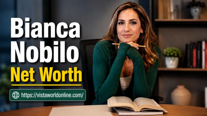 Bianca Nobilo Net Worth thumbnail featuring journalist Bianca Nobilo with Vista World Online branding.