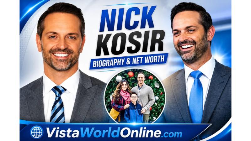 Nick Kosir smiling in a professional weather studio with a biography and net worth thumbnail design featuring his family and VistaWorldOnline branding